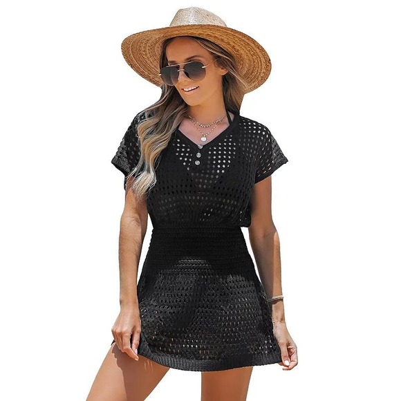 Cupshe Other - Cupshe Swim Cover Up Women Size L Black Crochet Smocked Waist Boho Mini Dress